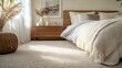 © zooo - Beige plush carpet, walnut nightstand, white bedding. Minimalist bedroom interior with soft lighting, clean design, cozy atmosphere, premium textiles in warm neutral tones.
