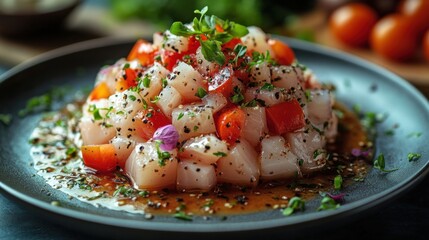 Fresh Fish Ceviche: A vibrant mix of diced fish, tomatoes, herbs, and spices, beautifully presented.