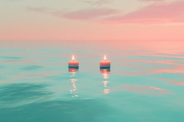 Wall Mural - two candles floating in the ocean. the water is blue and the sky is pink. the candles are lit and re