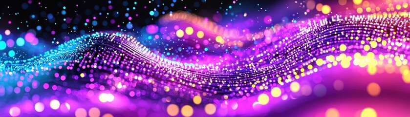 Wall Mural - Vibrant abstract waves with glowing dots in shades of blue, purple, and gold, Glowing circuit board visualization image