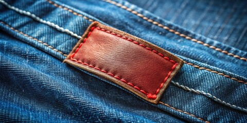 close-up view of a reddish-brown leather patch sewn onto blue denim fabric with contrasting stitchin