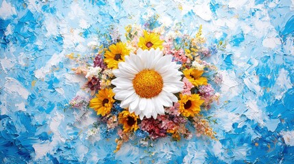 Wall Mural - White daisy with sunflowers and wildflowers on blue textured background.