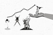 © deagreez - Creative collage picture of black white effect arm palm hold mini people dancing have fun growing chart arrow upwards isolated on drawing background.