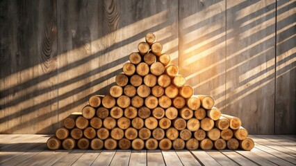 Aufkleber - Sunlight Illuminates a Stack of Wooden Logs Arranged in a Triangular Pyramid Against a Rustic Wooden Wall