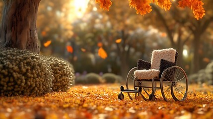 Wall Mural - Wheelchair sits in autumn park, leaves, sunlight, tree.