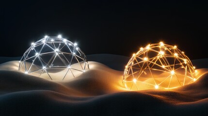 Wall Mural - a nighttime scene showcasing two glowing dome structures placed on a soft, undulating sand-like surf