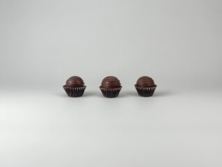 Wall Mural - Three chocolate-covered cupcakes arranged in a row on a light background.