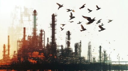 Wall Mural - Industrial pollution and wildlife interaction oil refinery digital art urban environment aerial view environmental awareness