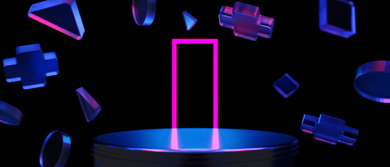 Wall Mural - 3d illustration rendering of y2k 2000s gamer technology futuristic cyberpunk sci-fi display podium, 