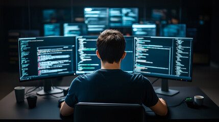 male programmer works intently at computer with multiple screens displaying code. atmosphere is focused and tech driven, highlighting world of programming and technology