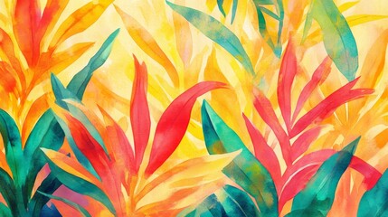 Wall Mural - Vibrant tropical flora lush garden watercolor art colorful environment close-up view natural beauty