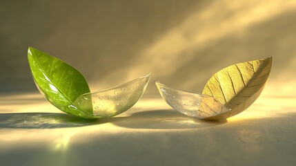 Wall Mural - Two leaves, one green, one yellow, nestled in clear, curved glass forms, bathed in soft sunlight.