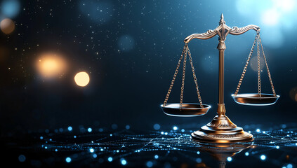 Wall Mural - golden scale of justice stands prominently against blurred, illuminated background, symbolizing fairness and balance in law. intricate details of scale reflect commitment to justice