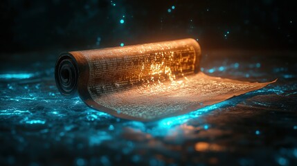 Ancient scroll transforming into digital data on futuristic background