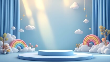 Background podium baby cute product 3d cloud kid children display banner room toy design blue. Podium scene background rainbow baby stand studio presentation shower template stage poster sky