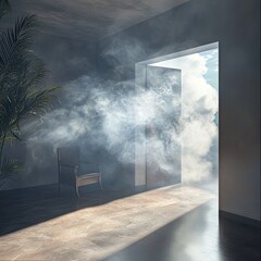 Wall Mural - a chair is sitting in front of a door. the door is open and there is smoke coming out of it