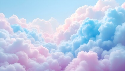 Wall Mural - Abstract 3d candy fluffy texture with gradient cotton candy clouds in the sky. Fantasy pink cloud in sky pastel background. Fairy Paradise realistic soft cloudy sunset landscape.