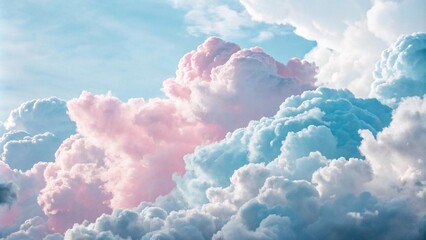 Wall Mural - Abstract 3d candy fluffy texture with gradient cotton candy clouds in the sky. Fantasy pink cloud in sky pastel background. Fairy Paradise realistic soft cloudy sunset landscape.