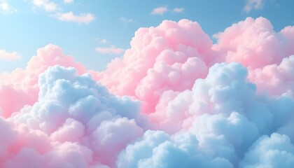 Wall Mural - Abstract 3d candy fluffy texture with gradient cotton candy clouds in the sky. Fantasy pink cloud in sky pastel background. Fairy Paradise realistic soft cloudy sunset landscape.