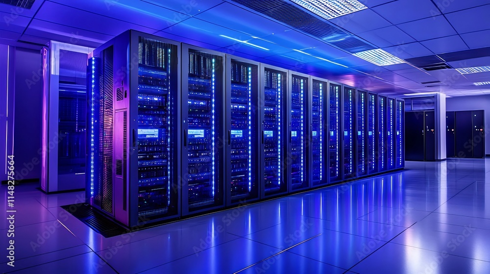 Modern server room with rows of powerful data storage units illuminated ...