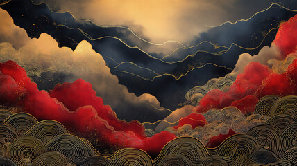 elegant asian-inspired design with gold and black clouds on red background. a captivating backdrop f