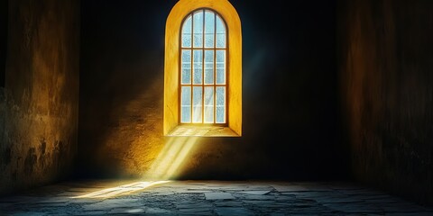 Wall Mural - a window in a dark room with sunlight shining through it. the room is empty and the light is coming 
