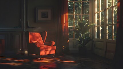 Wall Mural - Sunlit living room with orange armchair, plants, and large window.