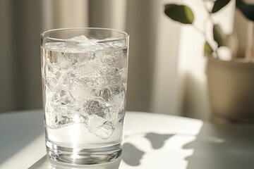 Wall Mural - A glass of water with ice cubes in it sits on a table. The glass is half full, and the ice cubes are melting, creating a refreshing drink. Concept of relaxation and refreshment