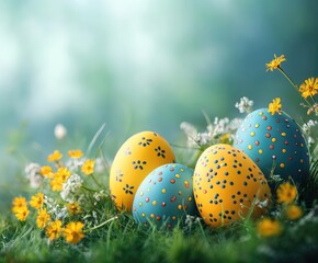 Colorful easter eggs resting on moss in a spring meadow