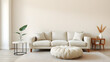 © Tark - Interior design of living room with copy space, beige sofa, side table, leaf in vase, pouf, elegant accessories and boucle rug. Beige wall. Minimalist home decor. Template. Generative AI