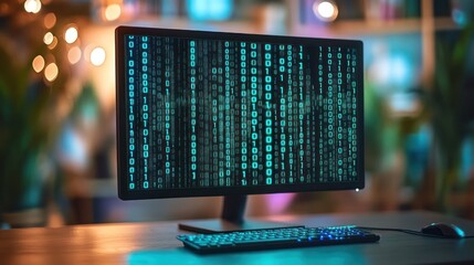 Teal binary code displayed on a computer monitor at night.