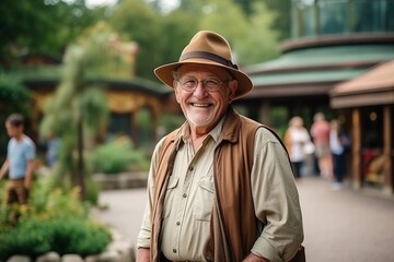 Wall Mural - Portrait of senior man in hat and glasses at amusement park.