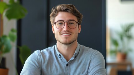 Wall Mural - Smiling young man in modern office setting