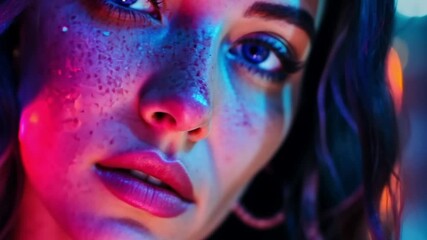 Wall Mural - This image showcases a stunning close-up of a girl with vibrant light reflections. It captures the essence of youth and artistic expression. Perfect for creative projects. Generative AI