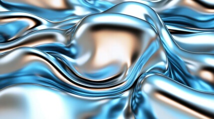 Wall Mural - Abstract Liquid Metal Surface Blue and Silver Metallic Waves