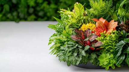 Wall Mural - Lush vibrant tropical foliage arrangement in a gray planter against a green backdrop.