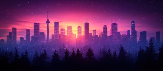 Sticker - Magical sunset cityscape over forest.