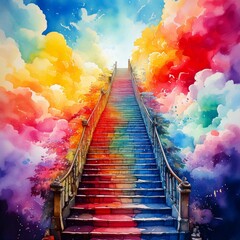 Wall Mural - Watercolor staircase ascending into the clouds, with vibrant rainbow hues with copy space