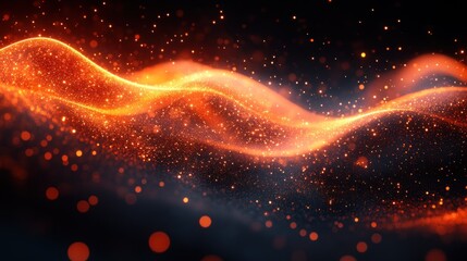 Wall Mural - Abstract fiery orange wave with glowing particles on dark background.