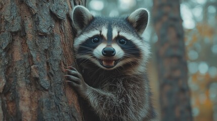 Wall Mural - Happy raccoon peeking from behind a tree trunk in a forest.