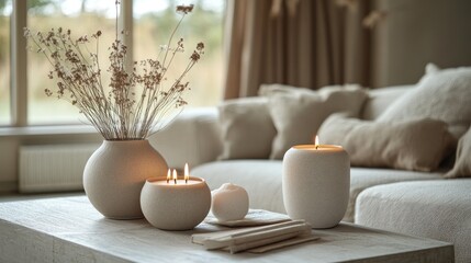 Wall Mural - Cozy living room with candles, vase, and dried flowers on a coffee table.