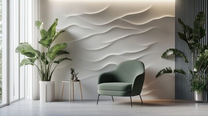 Wall Mural - Modern living room with green armchair, wave-textured wall, and plants.