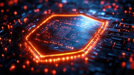 Sticker - Futuristic glowing hexagon CPU on circuit board.