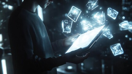 Wall Mural - person using a tablet with glowing digital cubes emanating from the screen.