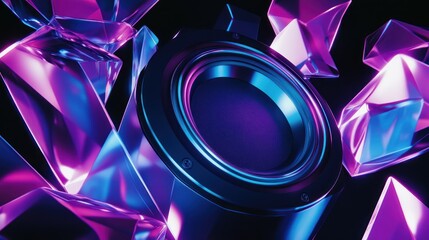 Sticker - Neon purple and blue crystals surround a metallic speaker.