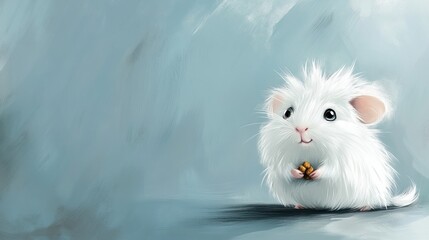 Wall Mural - A cute, fluffy creature holding a small treat against a soft blue background.