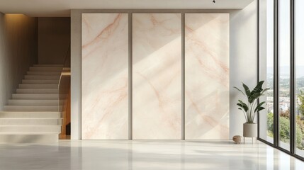 Wall Mural - A modern interior featuring marble panels and a staircase, creating an elegant space.