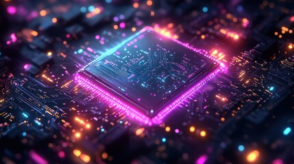 Wall Mural - glowing cpu on a circuit board, illuminated with vibrant pink and blue neon lights.