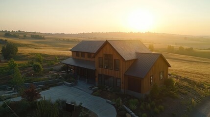 Wall Mural - Sunrise over modern farmhouse in rural landscape.