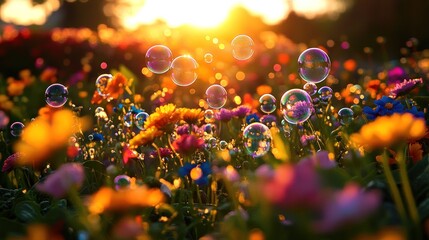 Wall Mural - Colorful soap bubbles floating over a vibrant flower field at sunset.